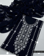 3PC Hand-Embroidered Lawn Dress with Banarsi Tanka & Sheesha Work