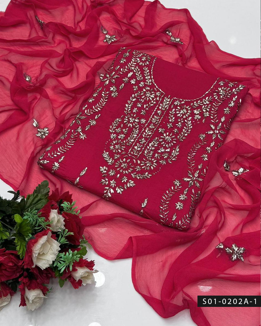 3PC Hand-Embroidered Gotta Work Lawn Suit with Chiffon Dupatta