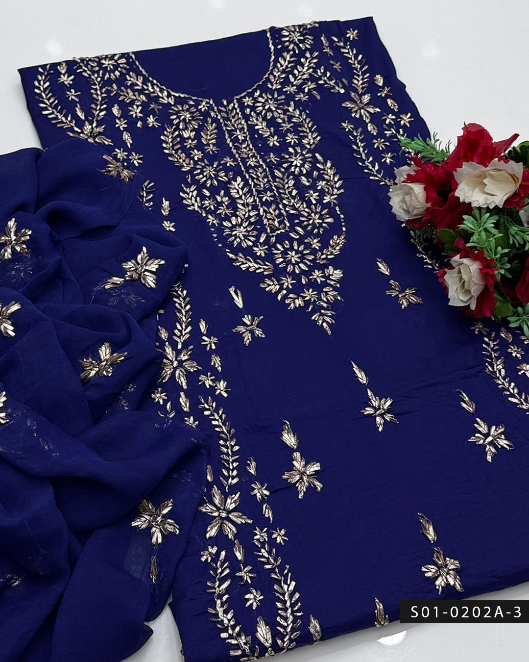 3PC Hand-Embroidered Gotta Work Lawn Suit with Chiffon Dupatta