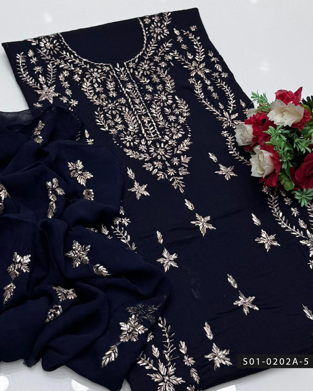 3PC Hand-Embroidered Gotta Work Lawn Suit with Chiffon Dupatta