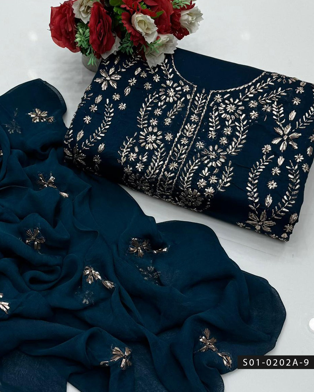 3PC Hand-Embroidered Gotta Work Lawn Suit with Chiffon Dupatta