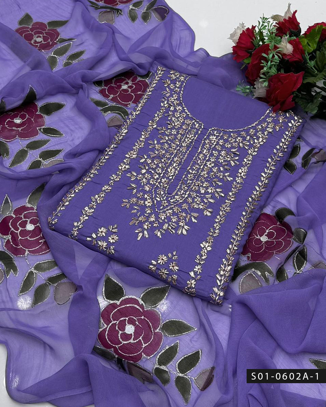 3PC Hand-Embroidered Lawn Dress with Oil-Painted Chiffon Dupatta