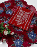 3PC Hand-Embroidered Lawn Dress with Oil-Painted Chiffon Dupatta