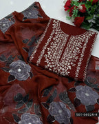 3PC Hand-Embroidered Lawn Dress with Oil-Painted Chiffon Dupatta