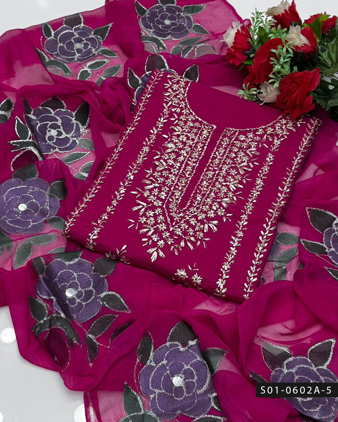 3PC Hand-Embroidered Lawn Dress with Oil-Painted Chiffon Dupatta