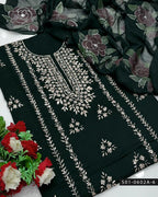 3PC Hand-Embroidered Lawn Dress with Oil-Painted Chiffon Dupatta