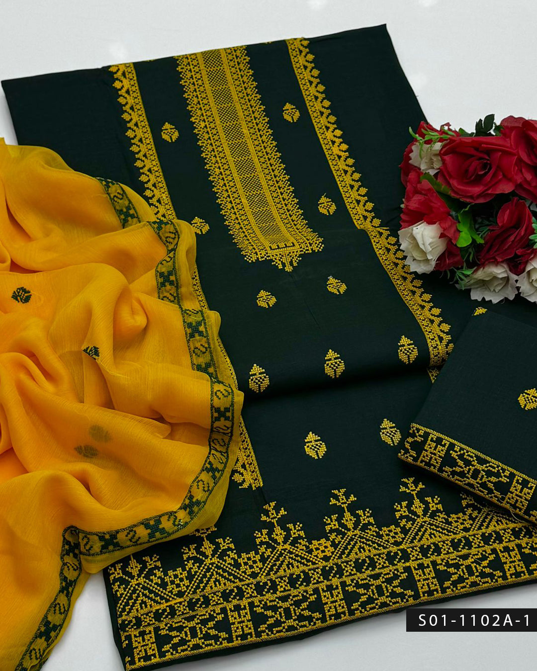 3PC Machine Embroidered Lawn Suit with Cross-Stitch Design