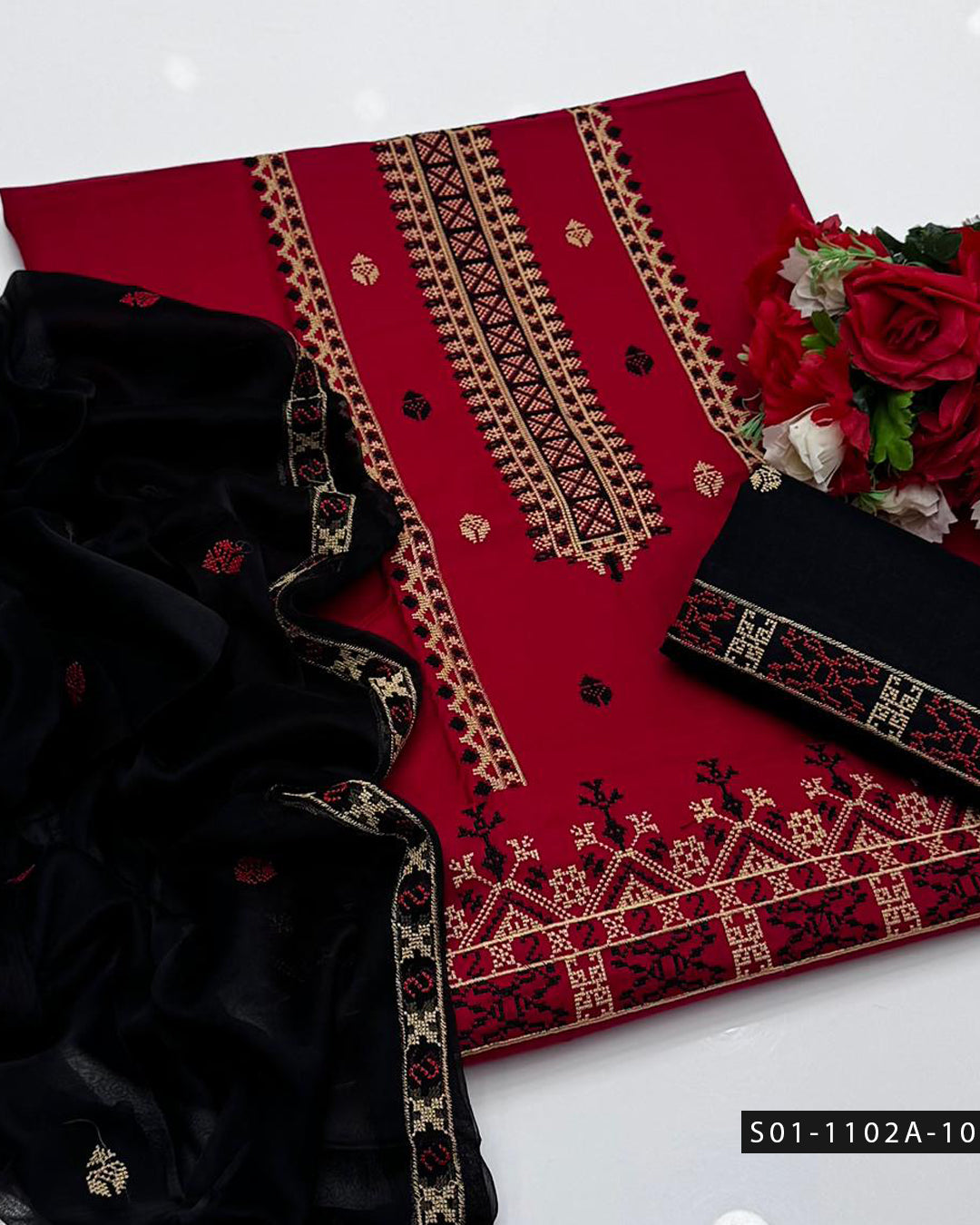 3PC Machine Embroidered Lawn Suit with Cross-Stitch Design