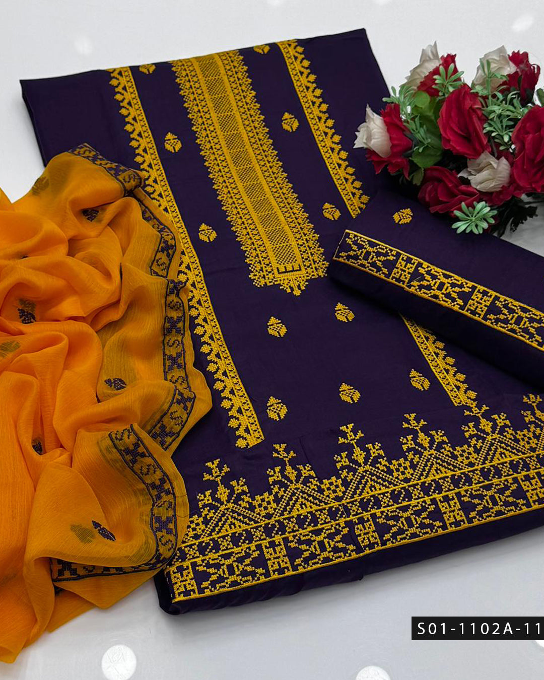 3PC Machine Embroidered Lawn Suit with Cross-Stitch Design