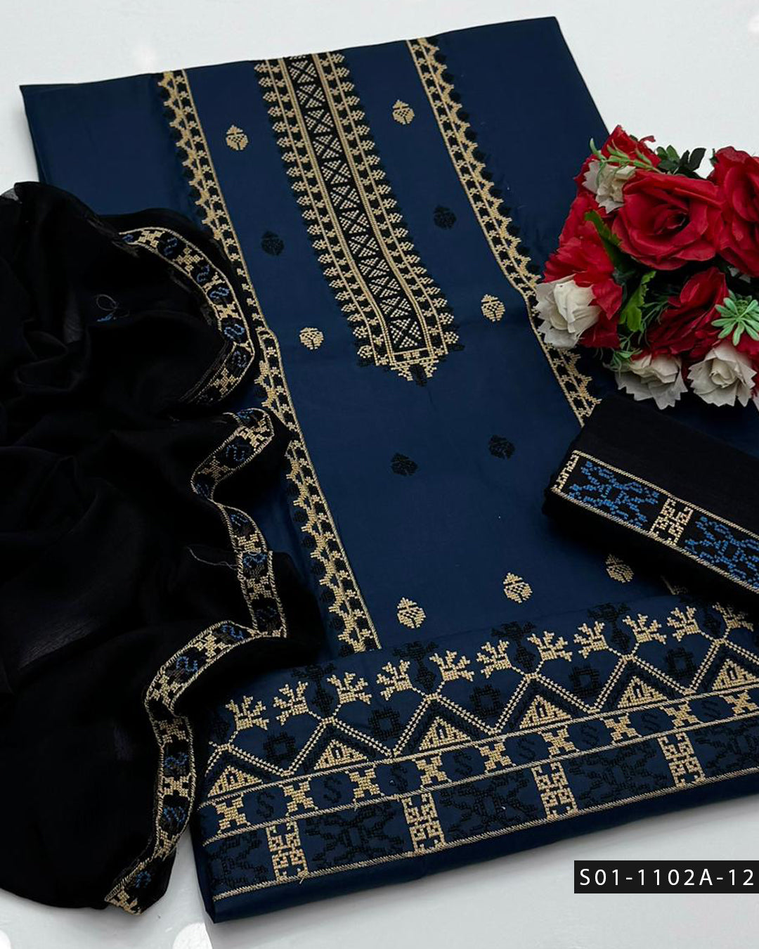 3PC Machine Embroidered Lawn Suit with Cross-Stitch Design