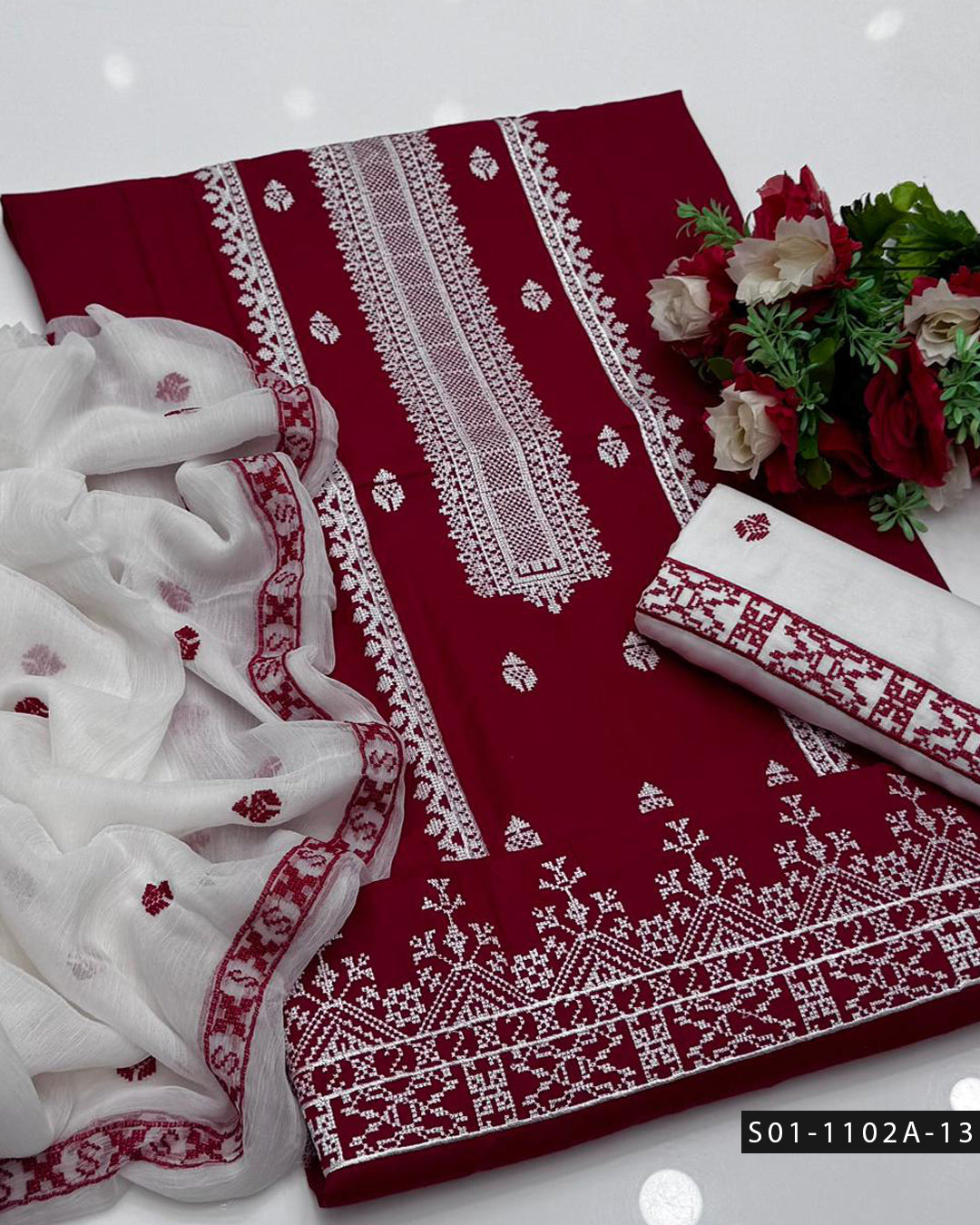 3PC Machine Embroidered Lawn Suit with Cross-Stitch Design