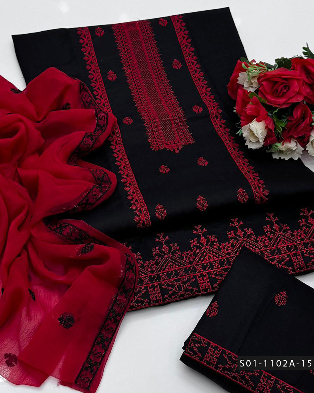 3PC Machine Embroidered Lawn Suit with Cross-Stitch Design