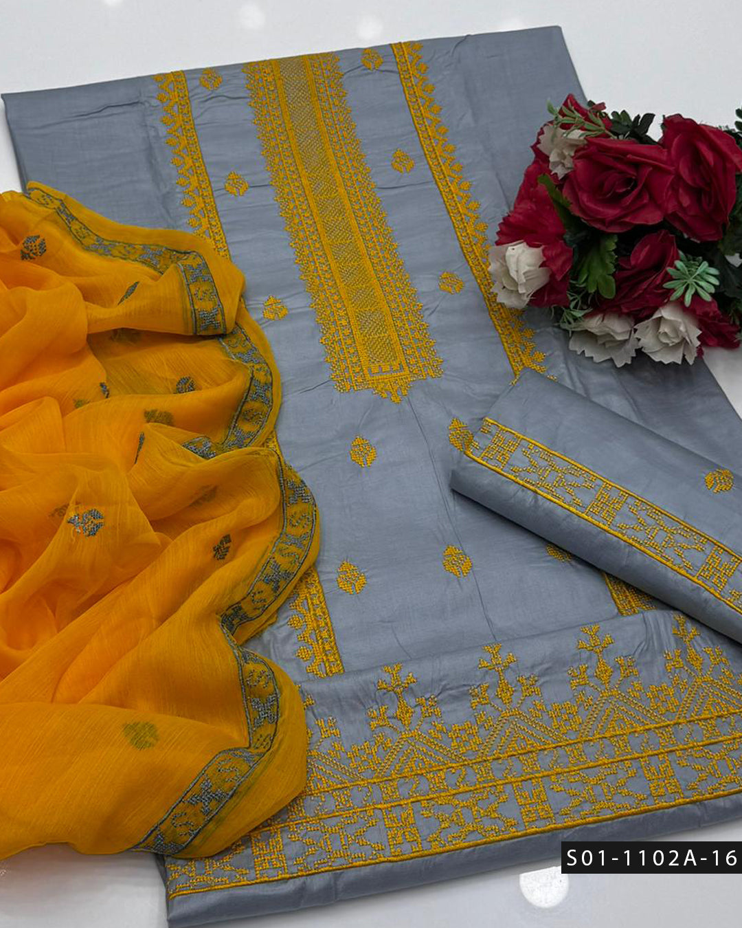 3PC Machine Embroidered Lawn Suit with Cross-Stitch Design