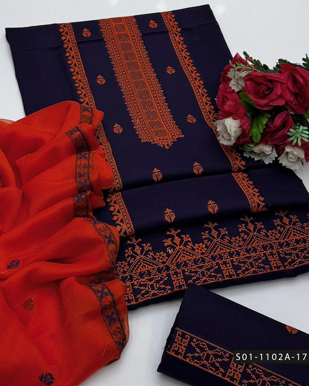 3PC Machine Embroidered Lawn Suit with Cross-Stitch Design