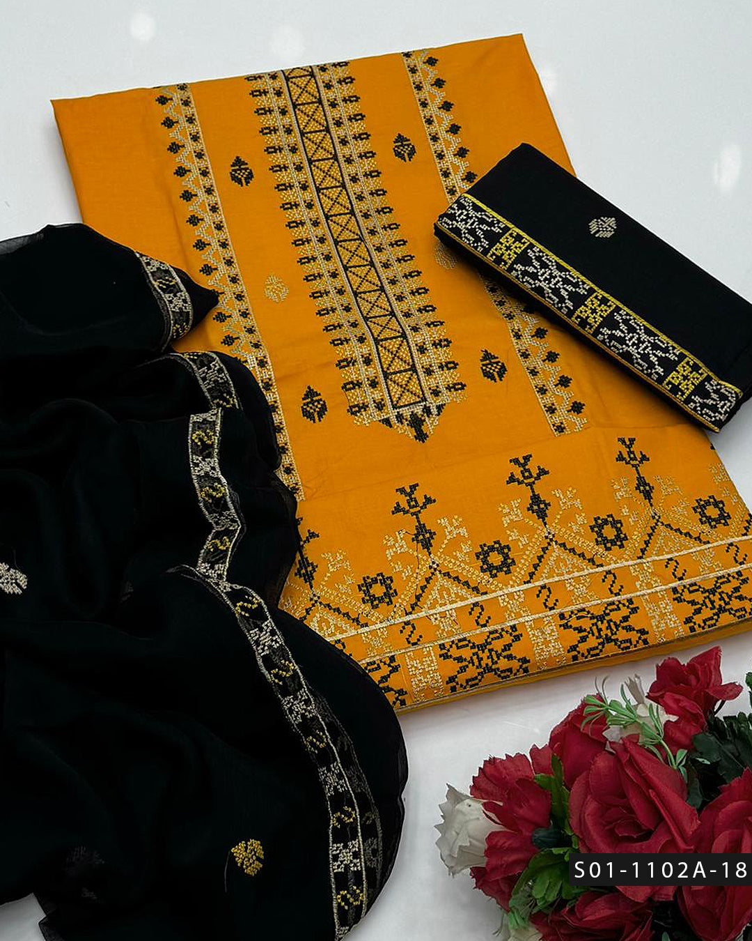 3PC Machine Embroidered Lawn Suit with Cross-Stitch Design