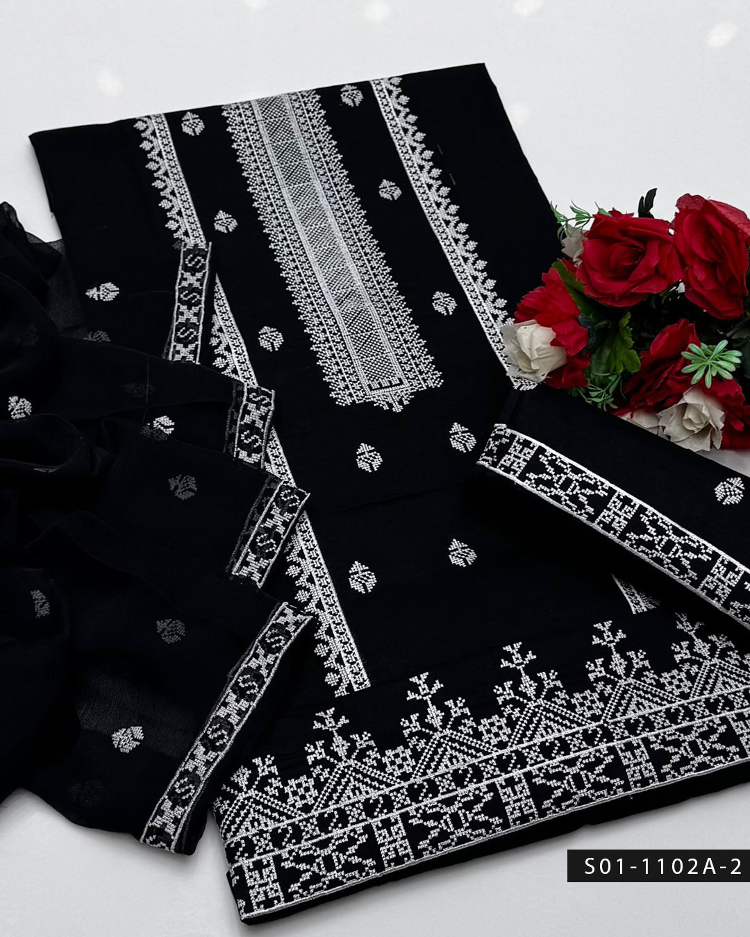 3PC Machine Embroidered Lawn Suit with Cross-Stitch Design