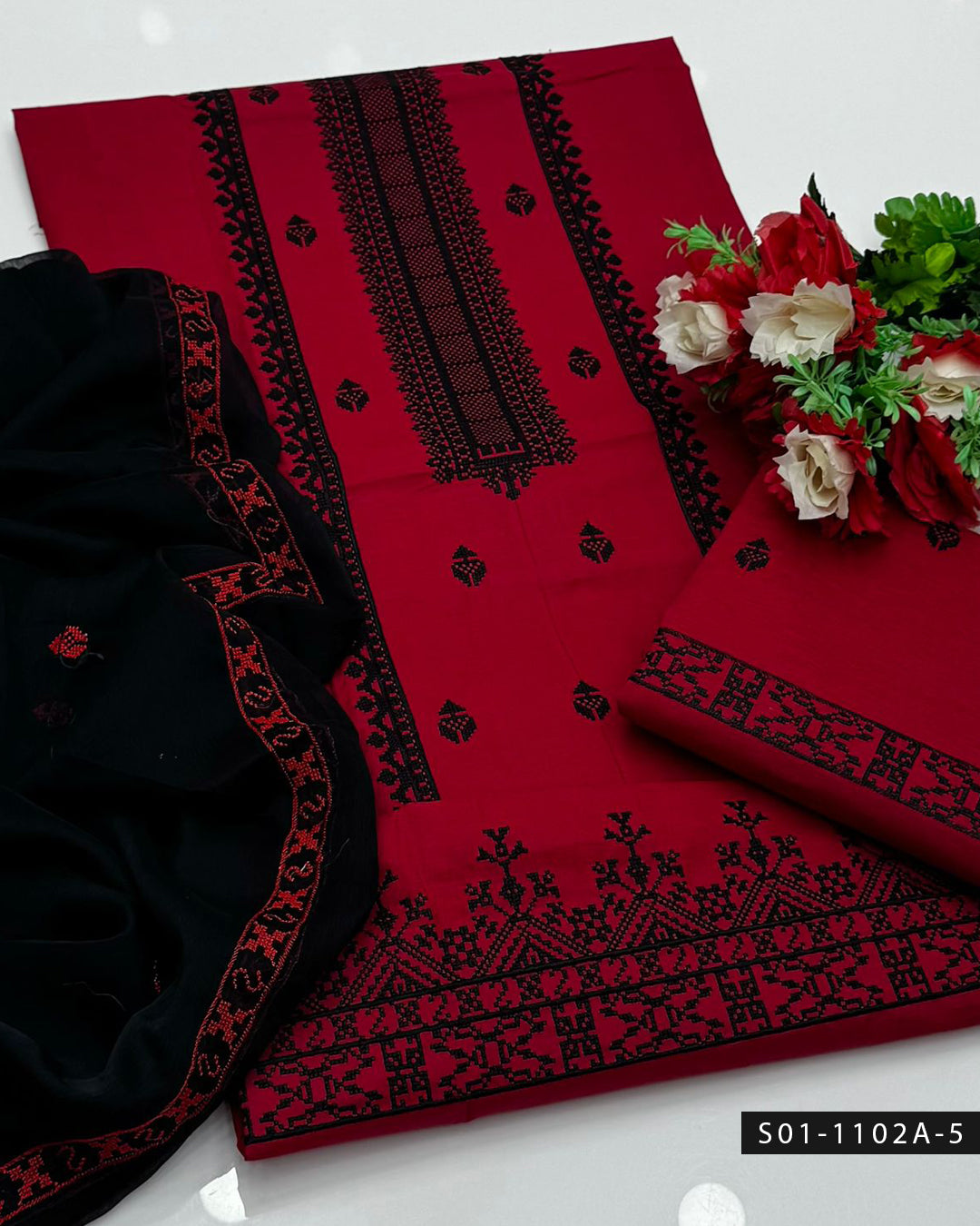 3PC Machine Embroidered Lawn Suit with Cross-Stitch Design