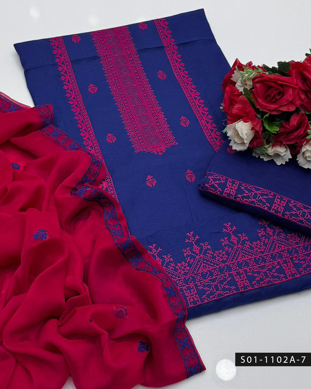 3PC Machine Embroidered Lawn Suit with Cross-Stitch Design