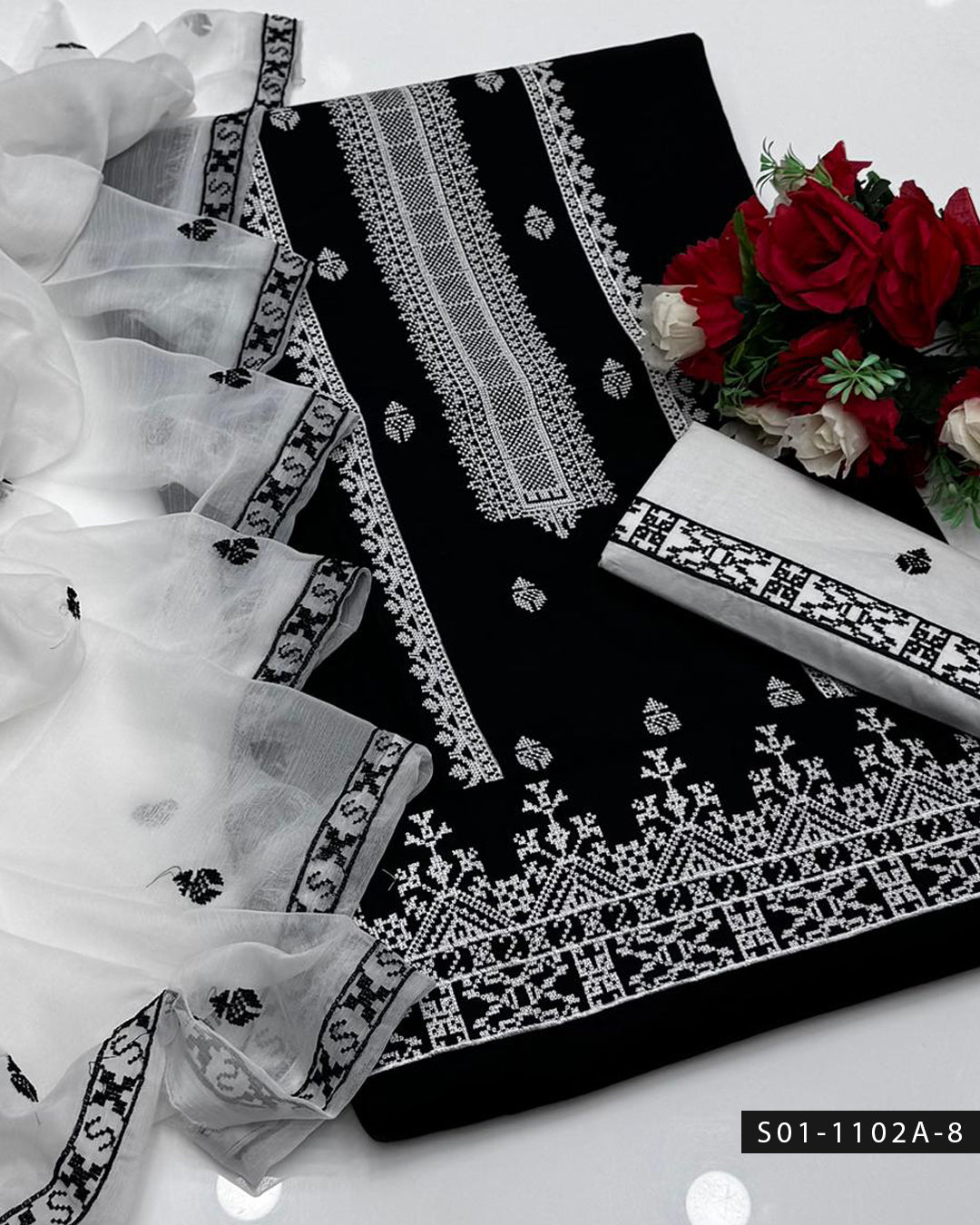 3PC Machine Embroidered Lawn Suit with Cross-Stitch Design