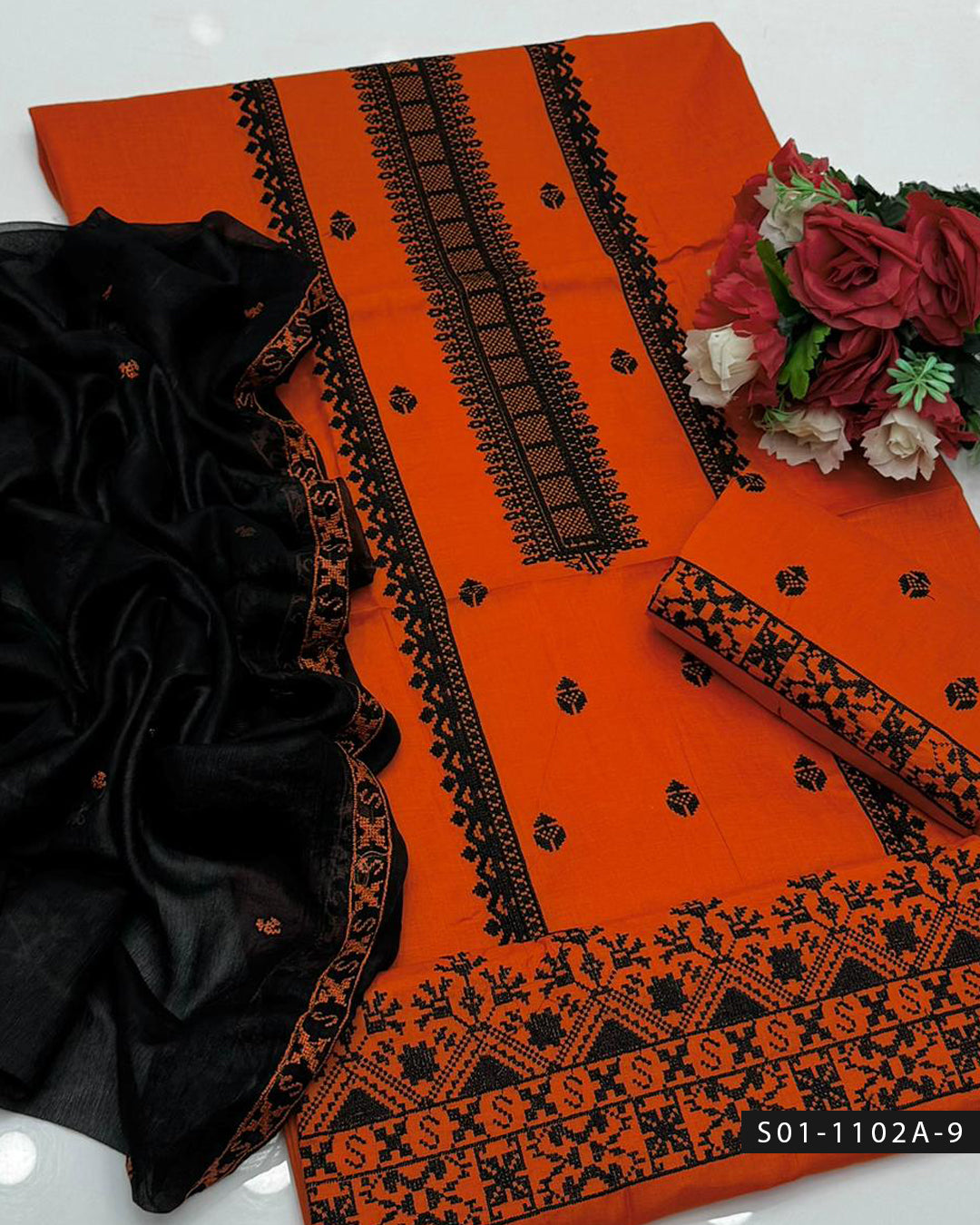 3PC Machine Embroidered Lawn Suit with Cross-Stitch Design