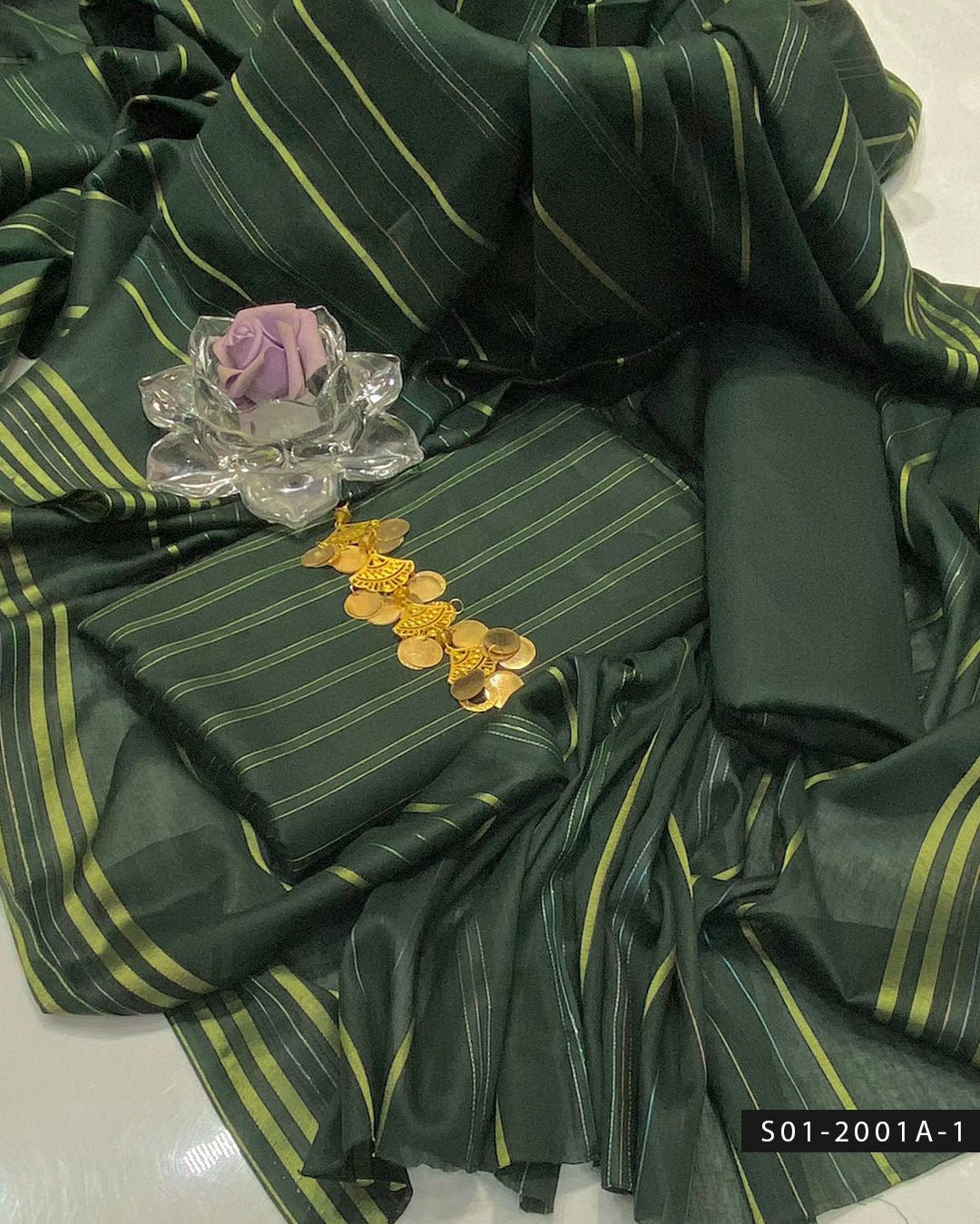 3PC Premium Quality Lawn Suit with Stripes Shirt & Golden Lining Dupatta