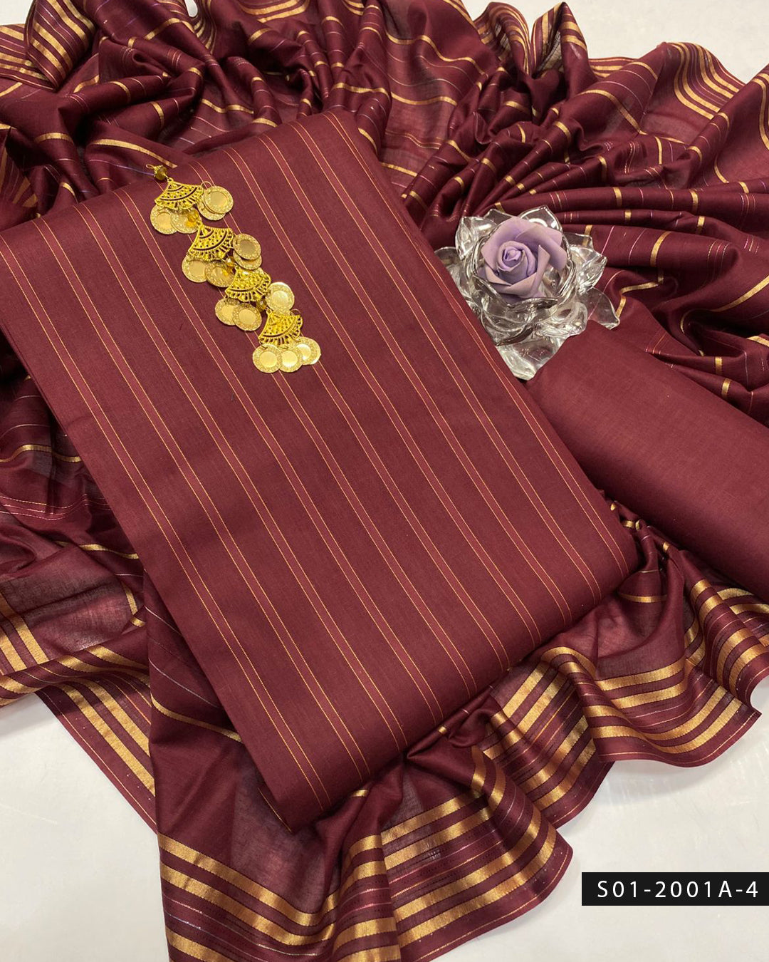 3PC Premium Quality Lawn Suit with Stripes Shirt & Golden Lining Dupatta