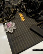 3PC Premium Quality Lawn Suit with Stripes Shirt & Golden Lining Dupatta