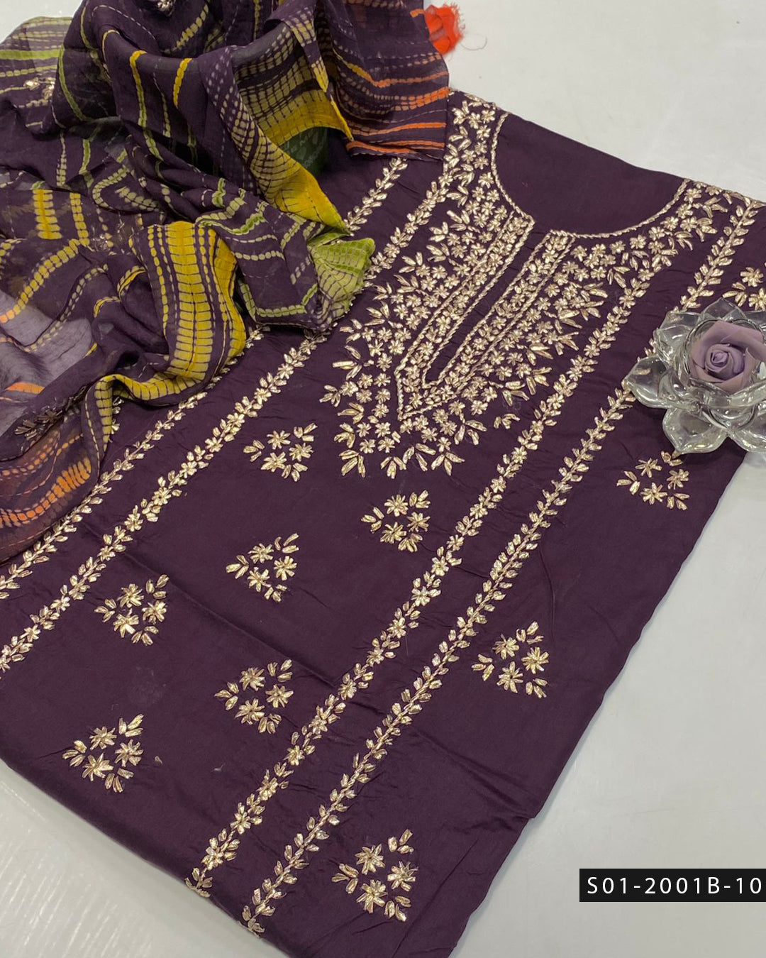 3PC Lawn Handmade Gotta Work Suit with Tie-Dye Chiffon Dupatta