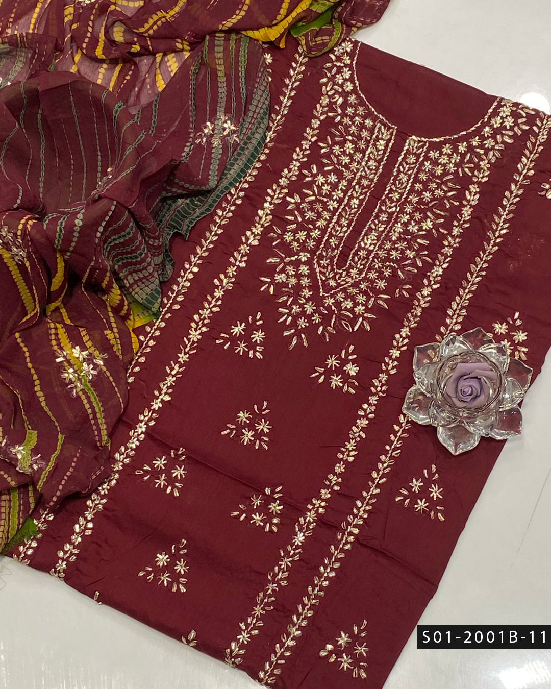 3PC Lawn Handmade Gotta Work Suit with Tie-Dye Chiffon Dupatta