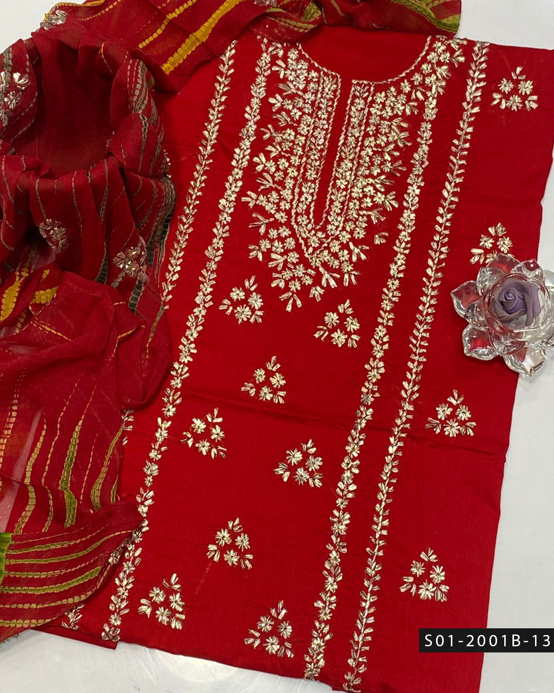 3PC Lawn Handmade Gotta Work Suit with Tie-Dye Chiffon Dupatta