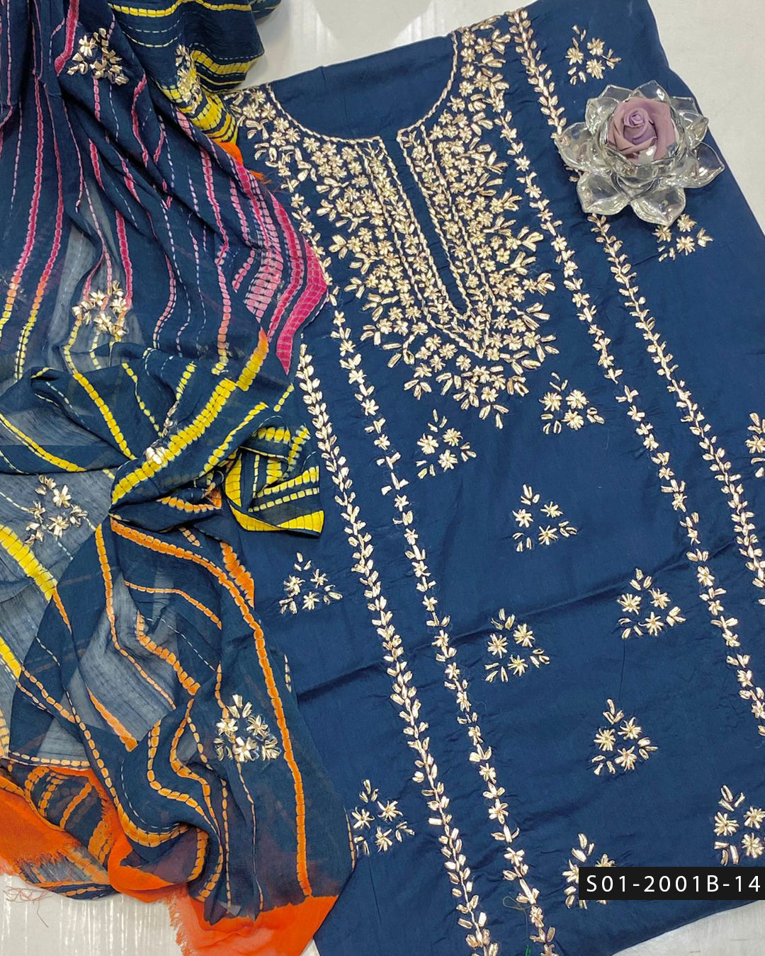 3PC Lawn Handmade Gotta Work Suit with Tie-Dye Chiffon Dupatta