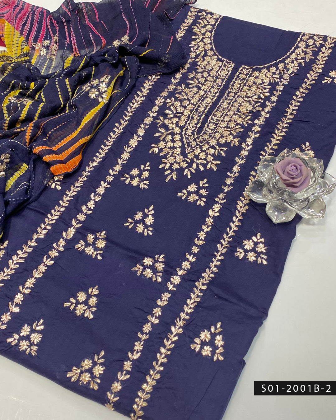 3PC Lawn Handmade Gotta Work Suit with Tie-Dye Chiffon Dupatta