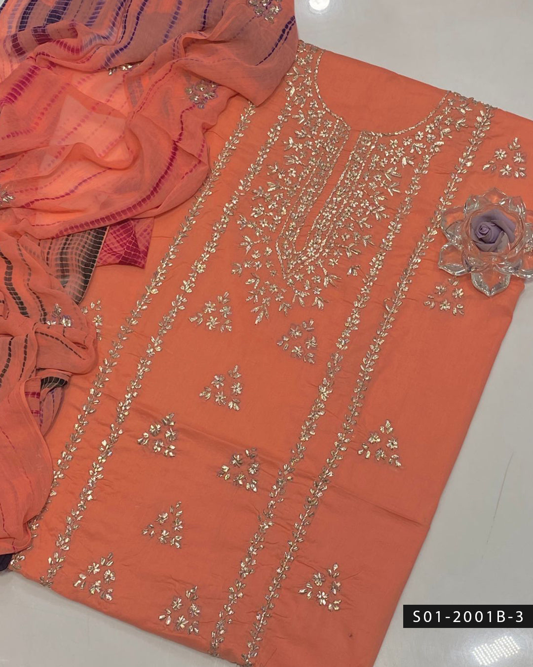 3PC Lawn Handmade Gotta Work Suit with Tie-Dye Chiffon Dupatta