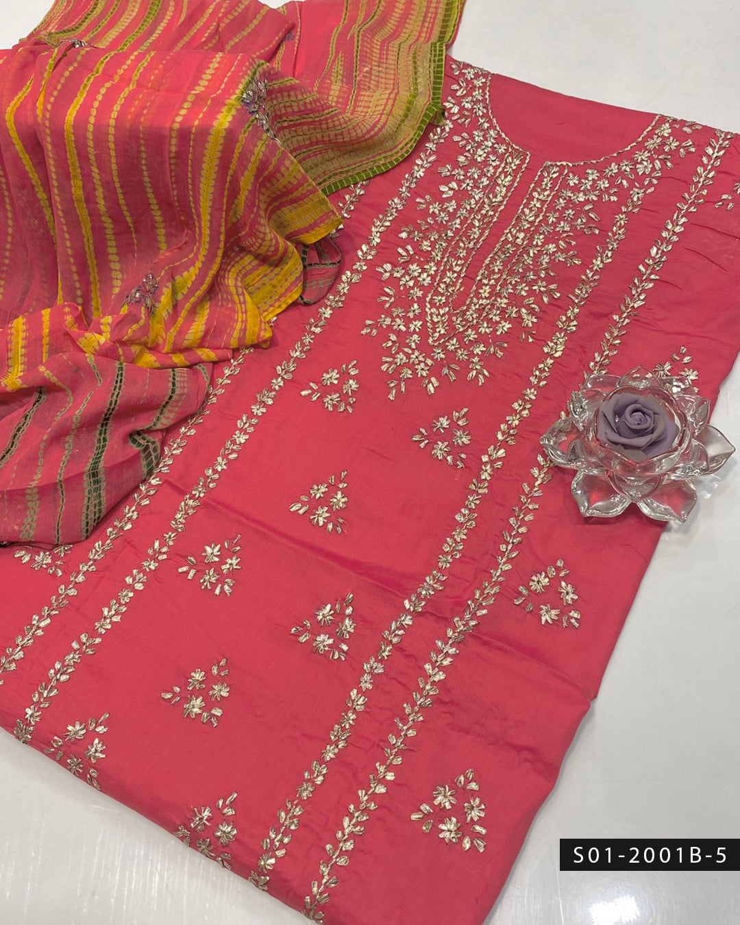 3PC Lawn Handmade Gotta Work Suit with Tie-Dye Chiffon Dupatta