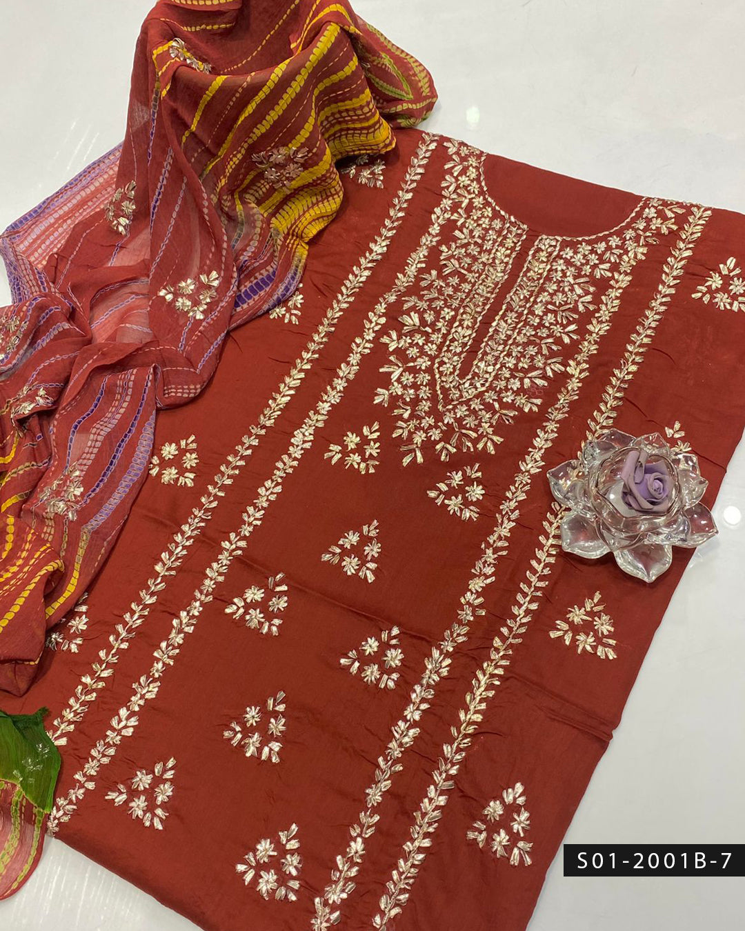 3PC Lawn Handmade Gotta Work Suit with Tie-Dye Chiffon Dupatta