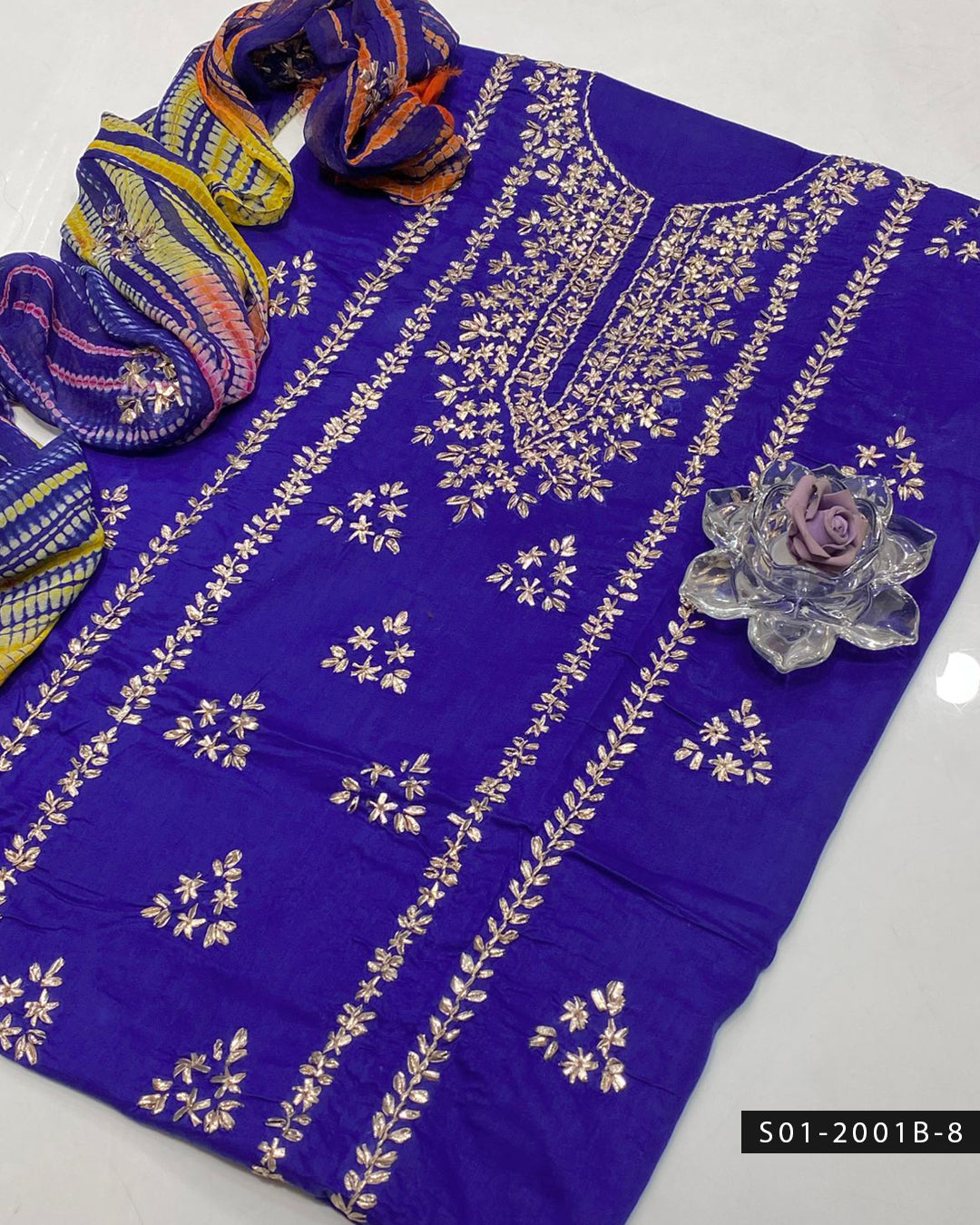 3PC Lawn Handmade Gotta Work Suit with Tie-Dye Chiffon Dupatta