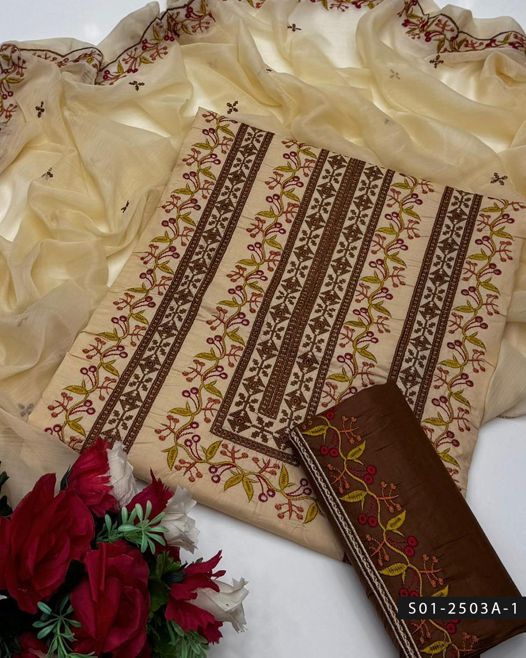 3PC Lawn Machine Embroidered Dress with Chiffon Dupatta