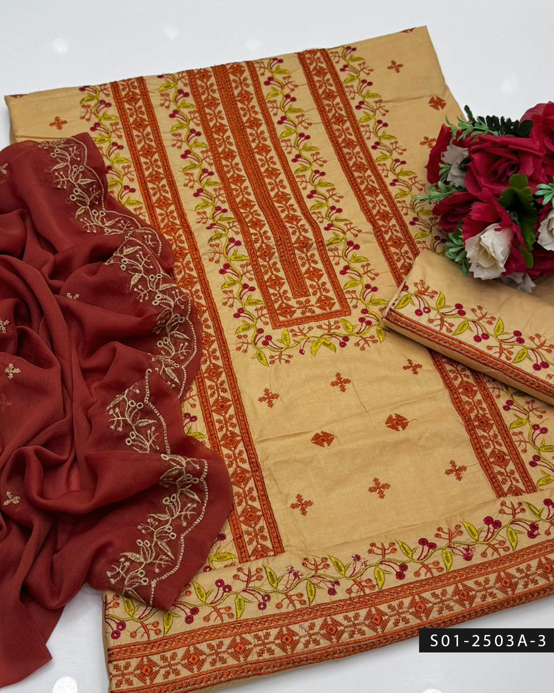 3PC Lawn Machine Embroidered Dress with Chiffon Dupatta