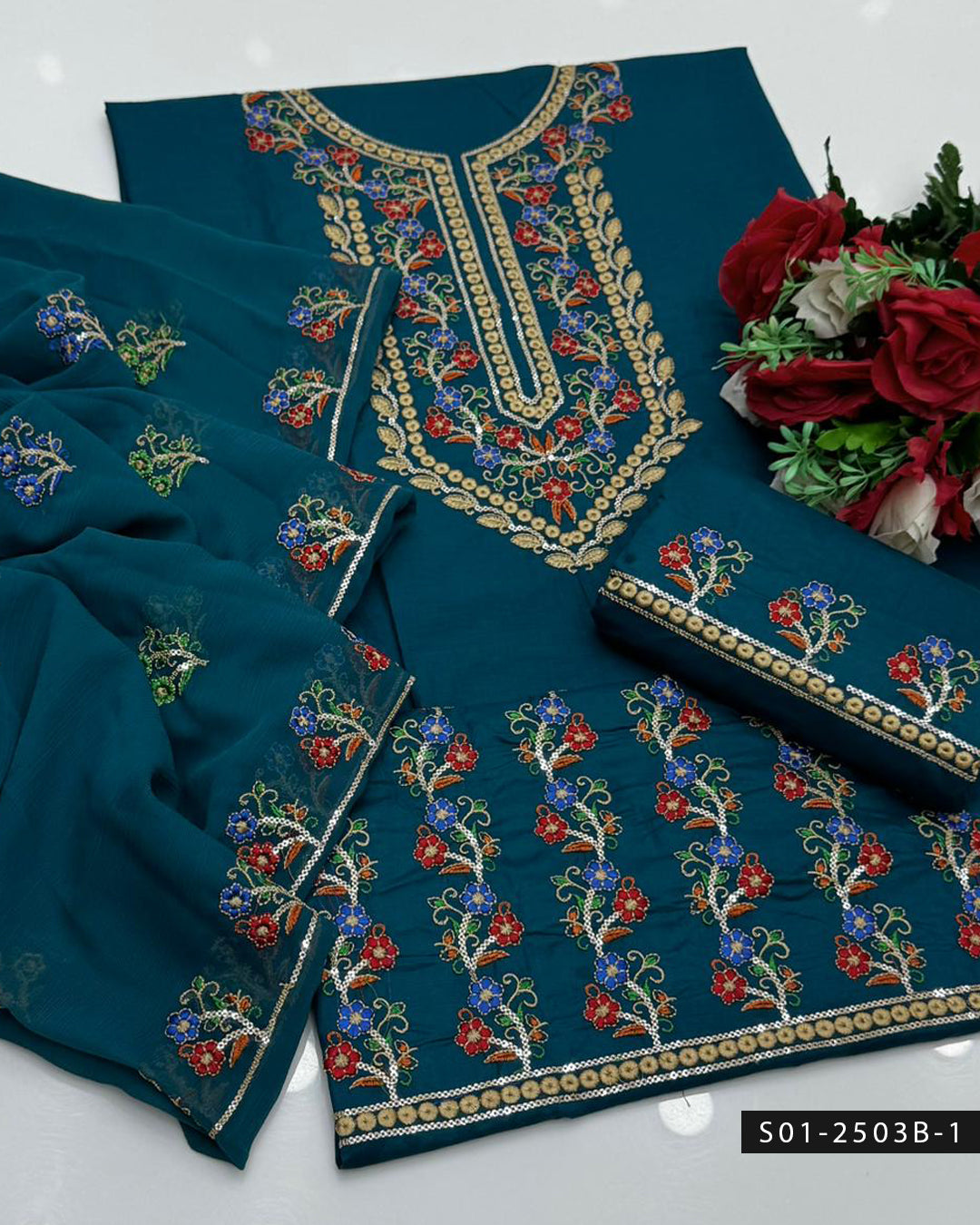 3PC Lawn Phulkari Machine Embroidered Dress with Chiffon Dupatta