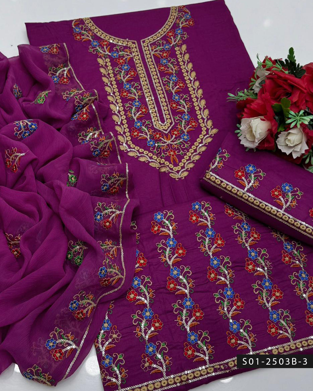 3PC Lawn Phulkari Machine Embroidered Dress with Chiffon Dupatta