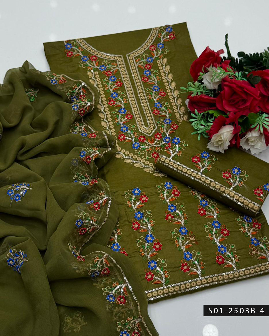 3PC Lawn Phulkari Machine Embroidered Dress with Chiffon Dupatta