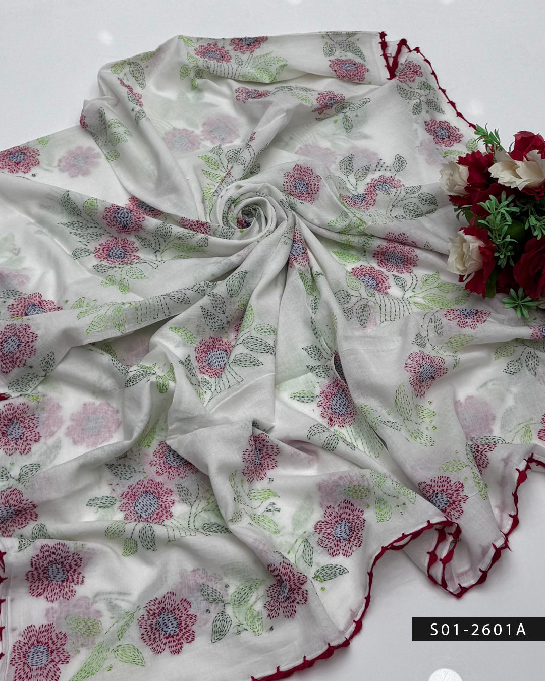 Lightweight Lawn Dupatta with Kacha Sheesha Embroidery & Fine Lace