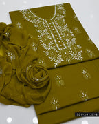 3PC Hand-Embroidered Lawn Suit with Chiffon Dupatta
